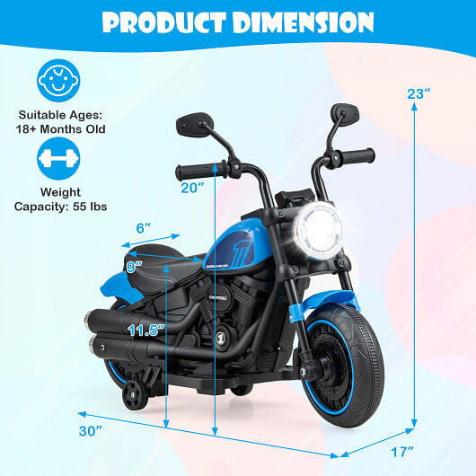 Kids blue electric motorcycle ride-on toy with LED headlight, training wheels, and realistic exhaust pipes — view 6