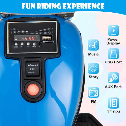 Kids blue electric motorcycle ride-on toy with LED headlight, training wheels, and realistic exhaust pipes — view 4