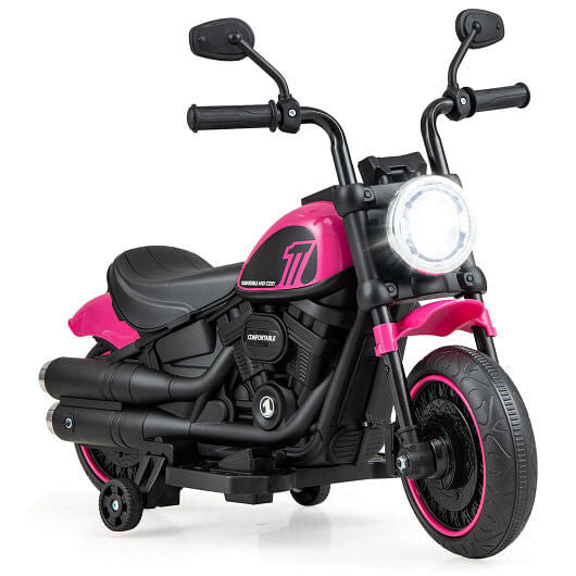 Kids blue electric motorcycle ride-on toy with LED headlight, training wheels, and realistic exhaust pipes — view 2