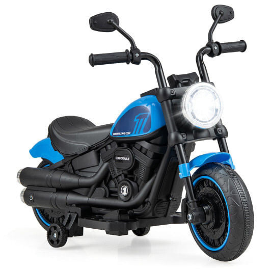 Kids blue electric motorcycle ride-on toy with LED headlight, training wheels, and realistic exhaust pipes