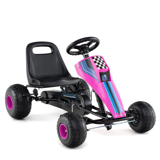 White kids pedal go kart with steering wheel, adjustable bucket seat, and four all-terrain wheels.