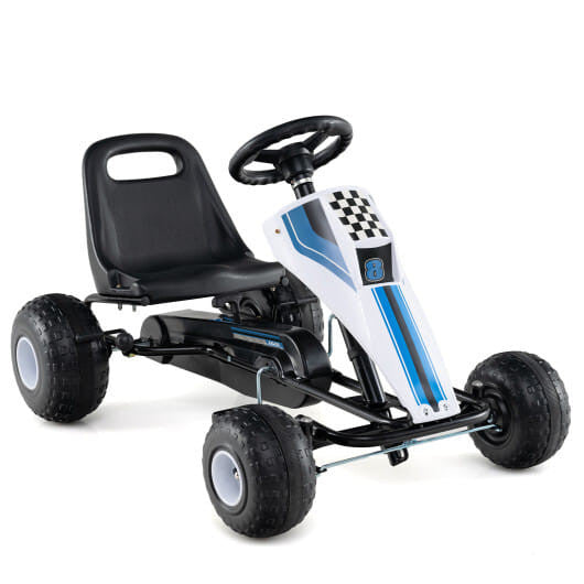White kids pedal go kart with steering wheel, adjustable bucket seat, and four all-terrain wheels. — view 2
