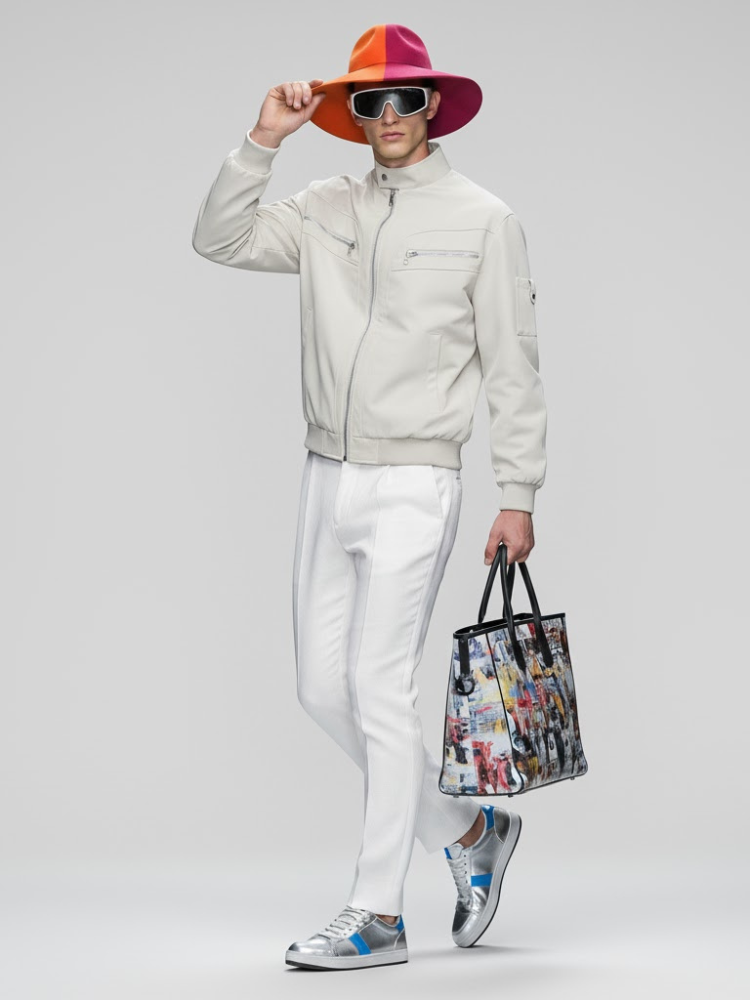 Cream cotton twill men's bomber jacket with mandarin collar and polished silver chest zipper details