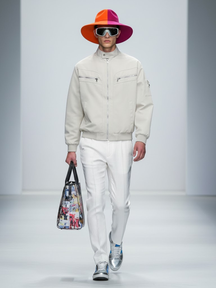 Cream cotton twill men's bomber jacket with mandarin collar and polished silver chest zipper details — view 2