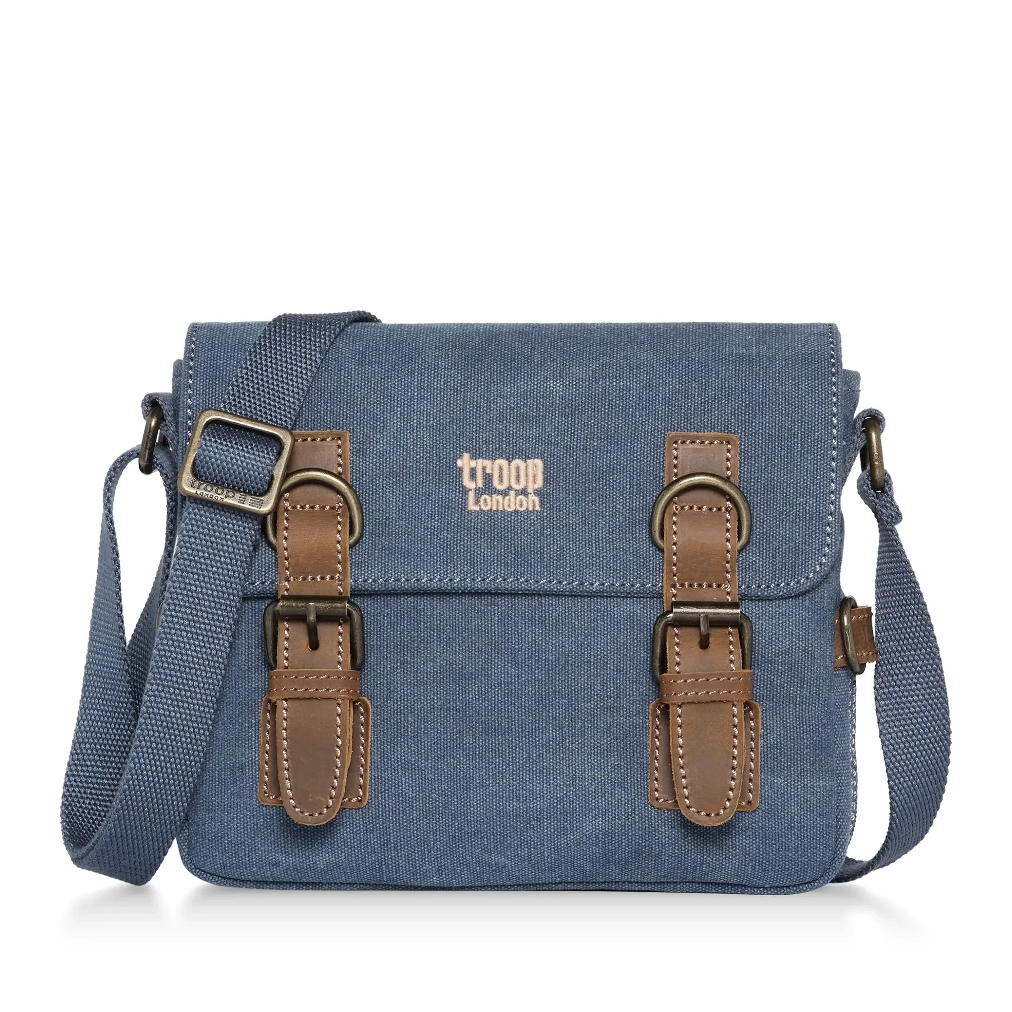 Stonewashed canvas crossbody bag with genuine leather trimmings adjustable strap and brass hardware