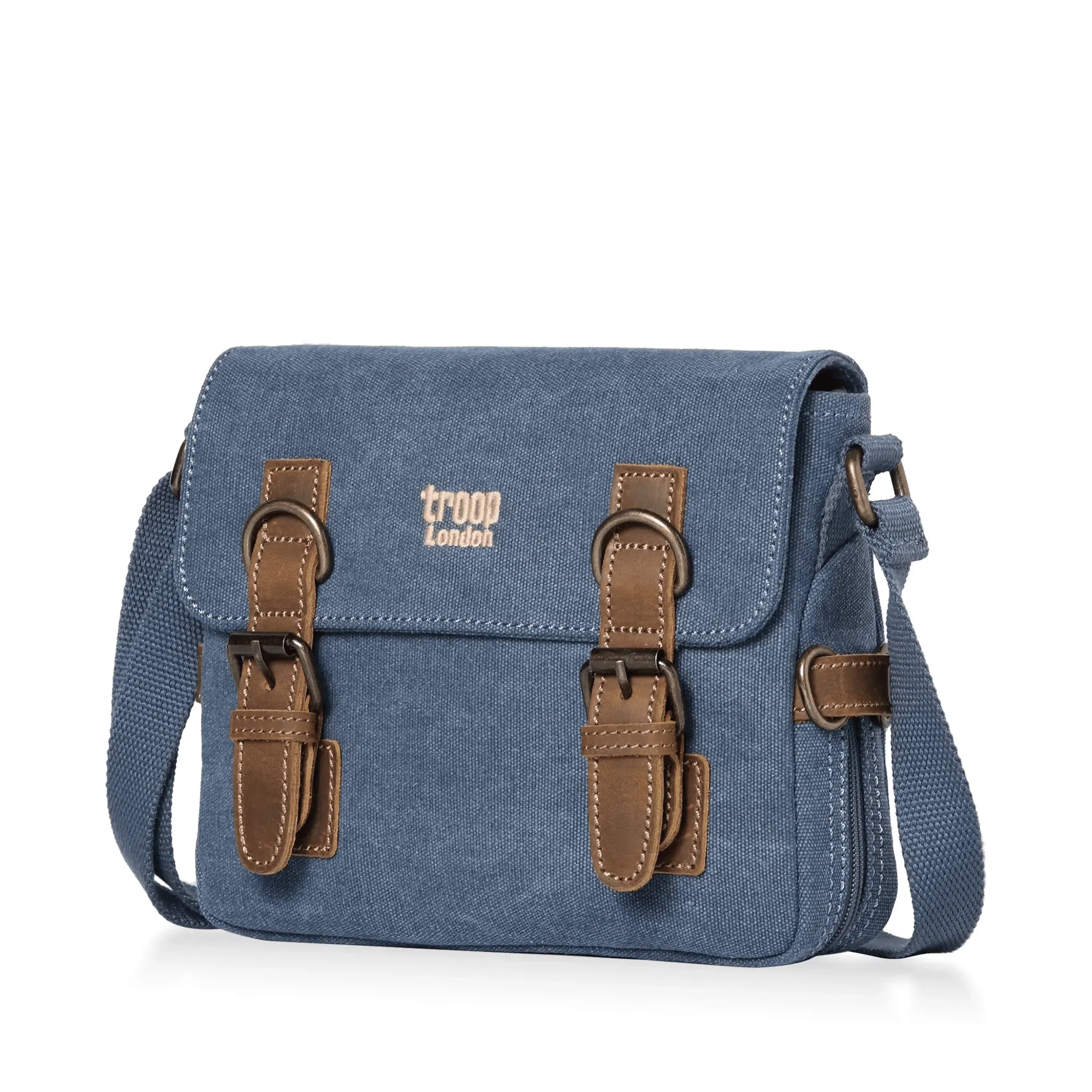 Stonewashed canvas crossbody bag with genuine leather trimmings adjustable strap and brass hardware — view 2