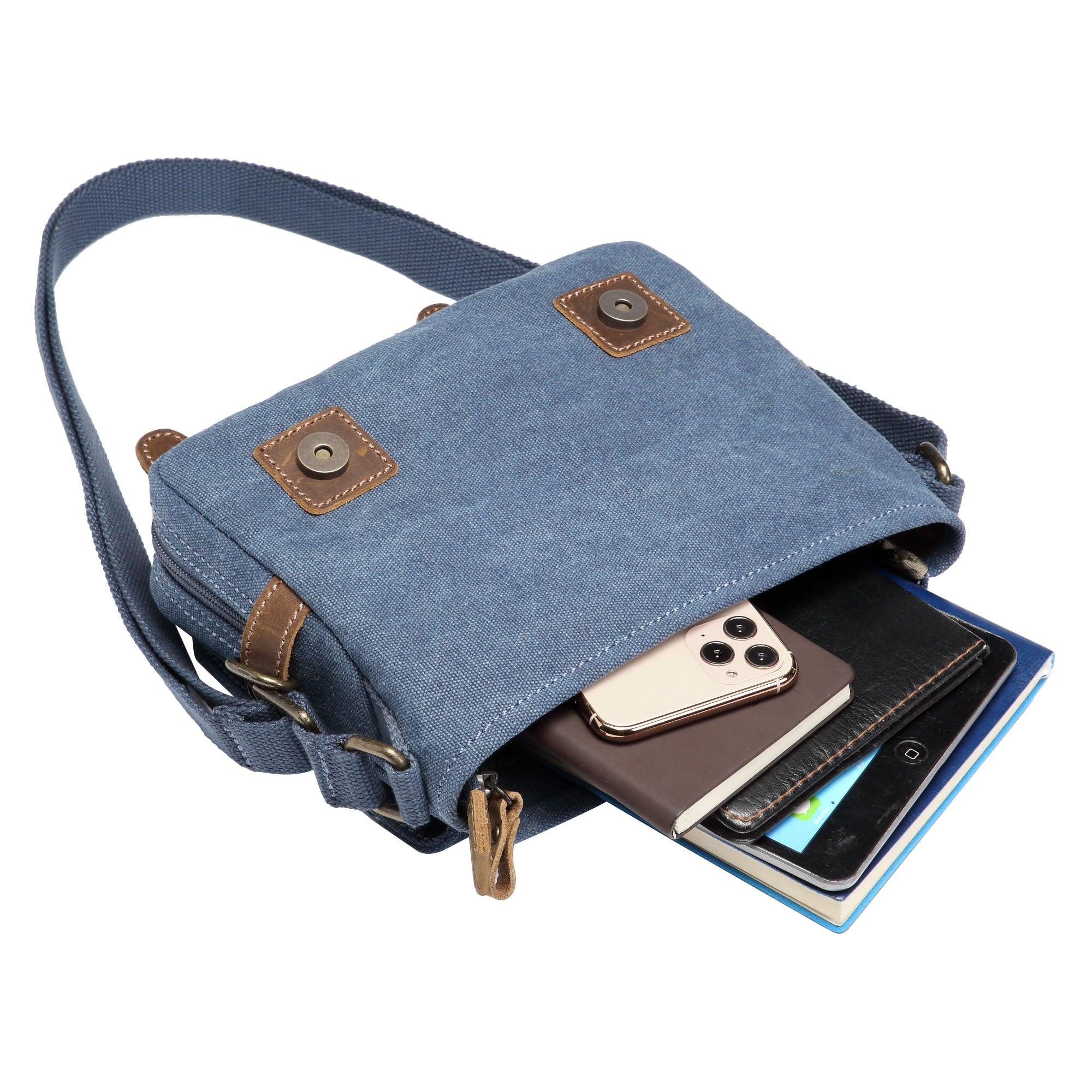Stonewashed canvas crossbody bag with genuine leather trimmings adjustable strap and brass hardware — view 5