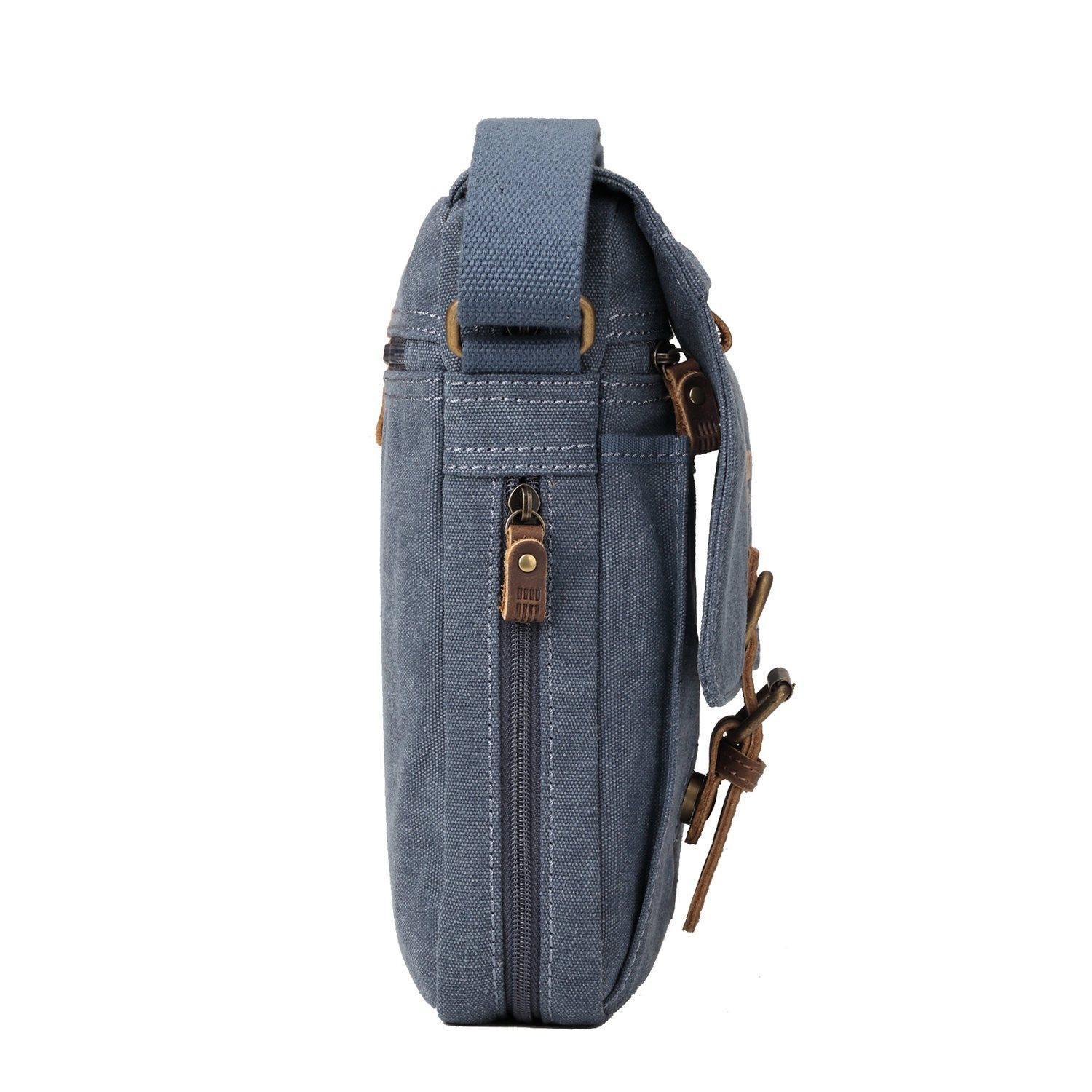 Medium stonewashed canvas crossbody bag with front organiser pocket, genuine leather trim, and brass hardware. — view 3