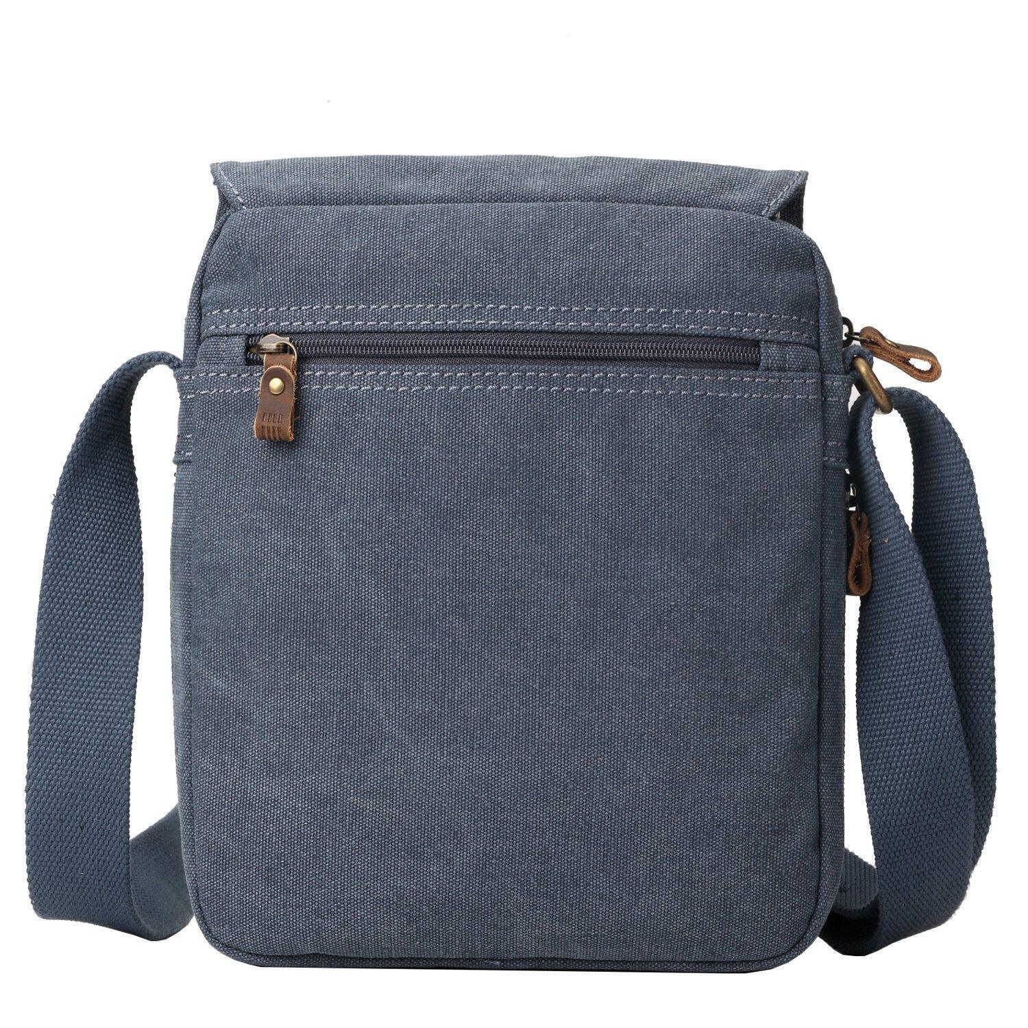 Medium stonewashed canvas crossbody bag with front organiser pocket, genuine leather trim, and brass hardware. — view 4