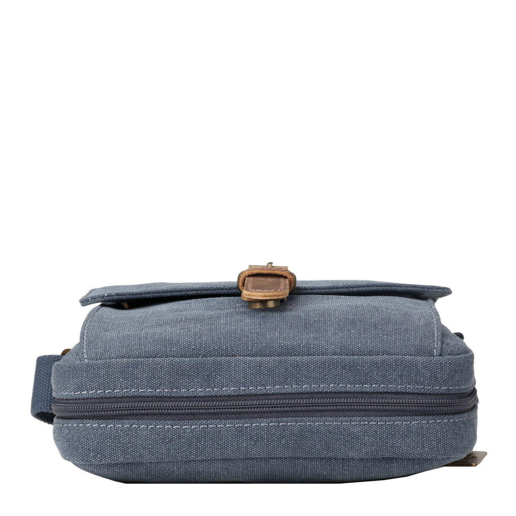 Medium stonewashed canvas crossbody bag with front organiser pocket, genuine leather trim, and brass hardware. — view 5