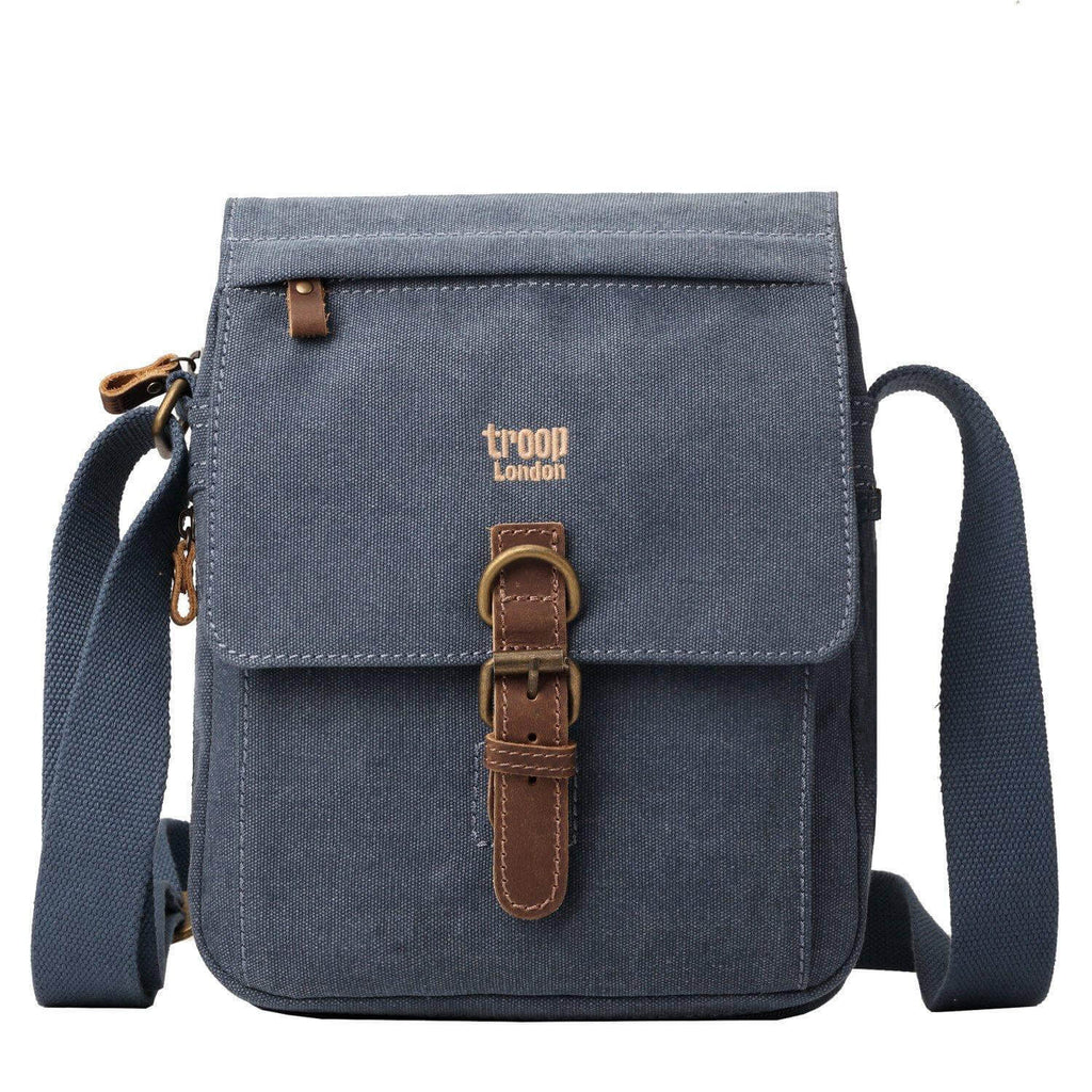 Medium stonewashed canvas crossbody bag with front organiser pocket, genuine leather trim, and brass hardware. — view 2