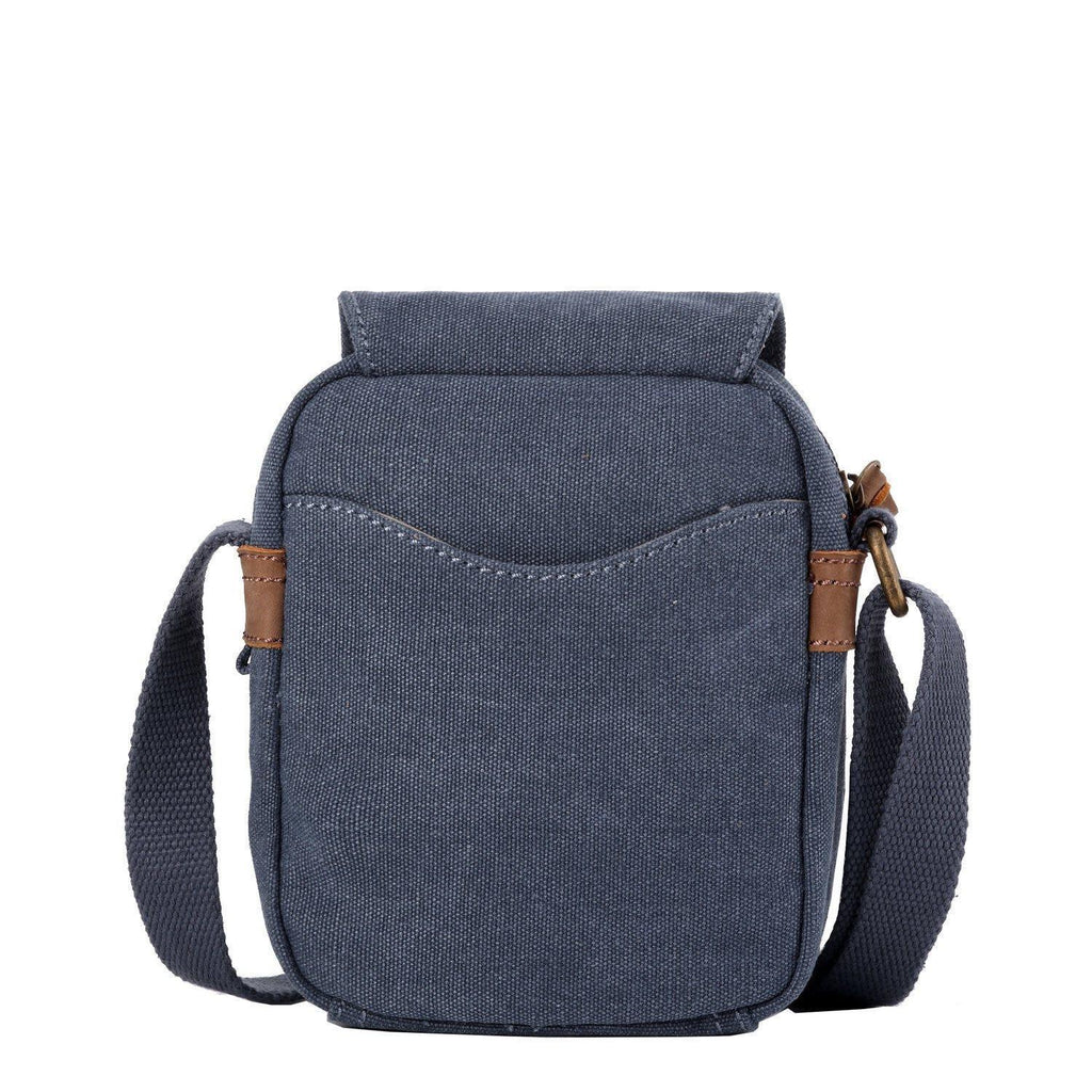 Mini canvas crossbody travel bag with adjustable strap and leather trimmed front buckle detail — view 4