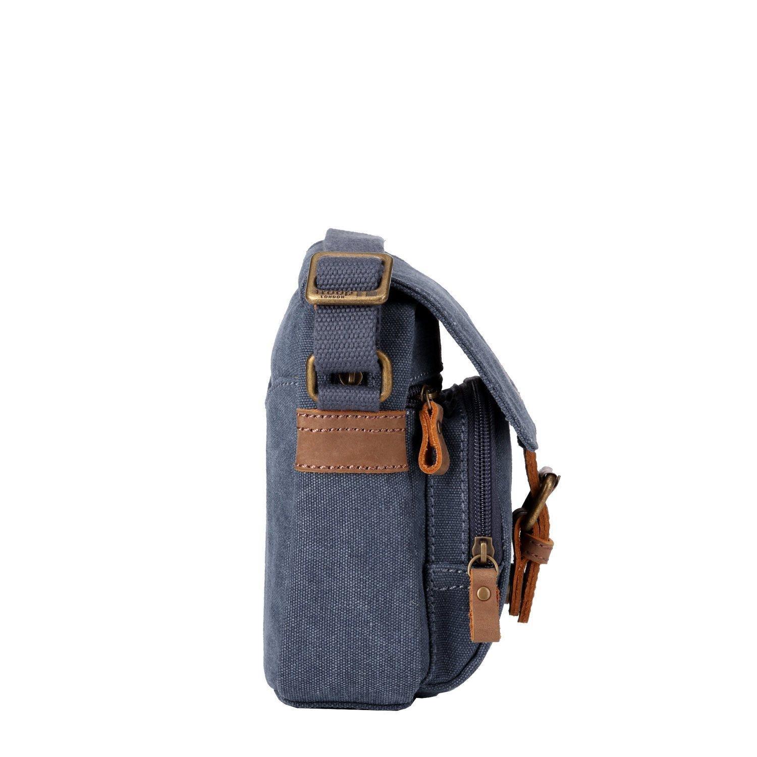 Mini canvas crossbody travel bag with adjustable strap and leather trimmed front buckle detail — view 5