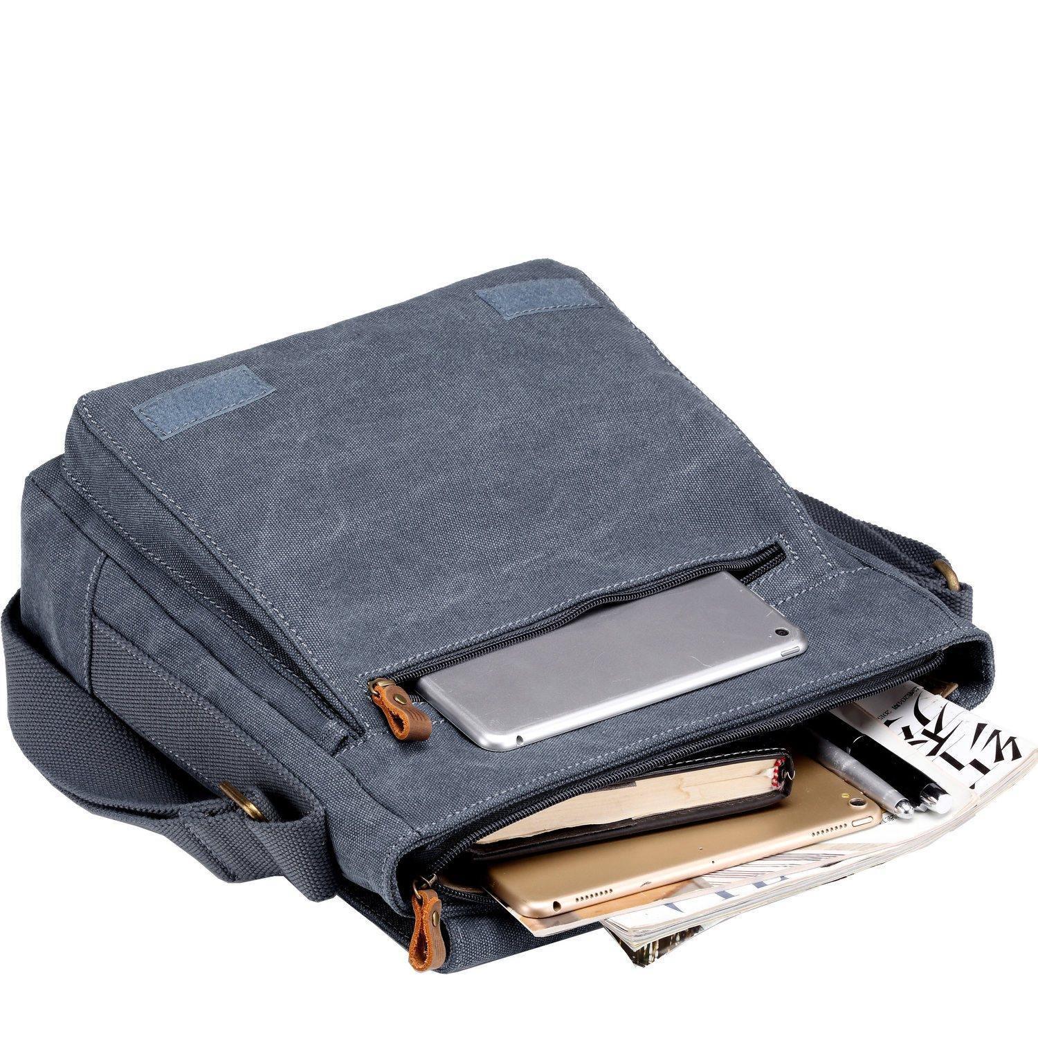 Large canvas flap crossbody bag in stonewashed material with brass buckles and adjustable shoulder strap — view 5