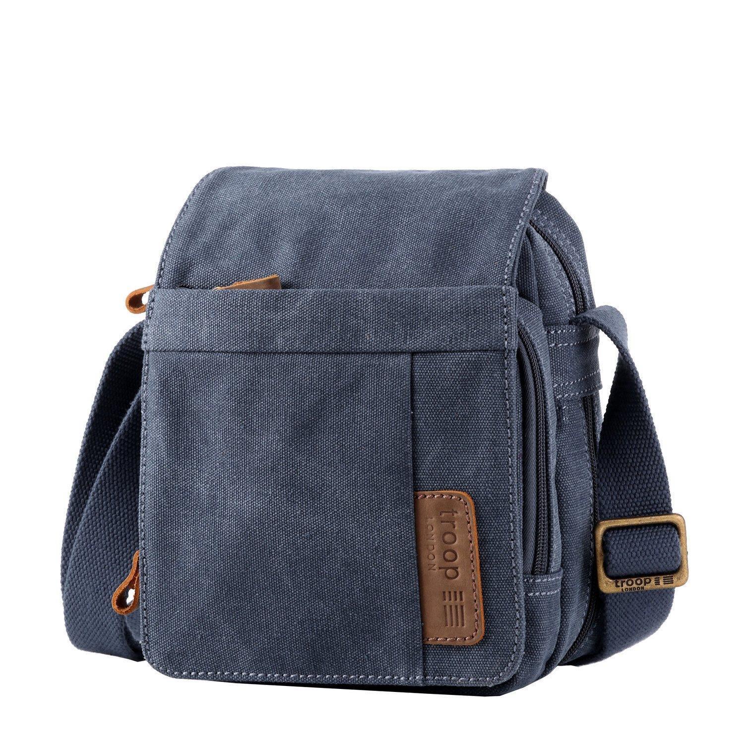 Stonewashed canvas crossbody bag with genuine leather trimmings, brass hardware, and adjustable shoulder strap — view 2