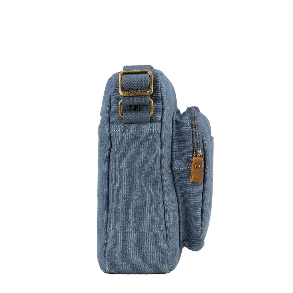 Large stonewashed canvas crossbody bag with adjustable shoulder strap and brass buckles — view 3