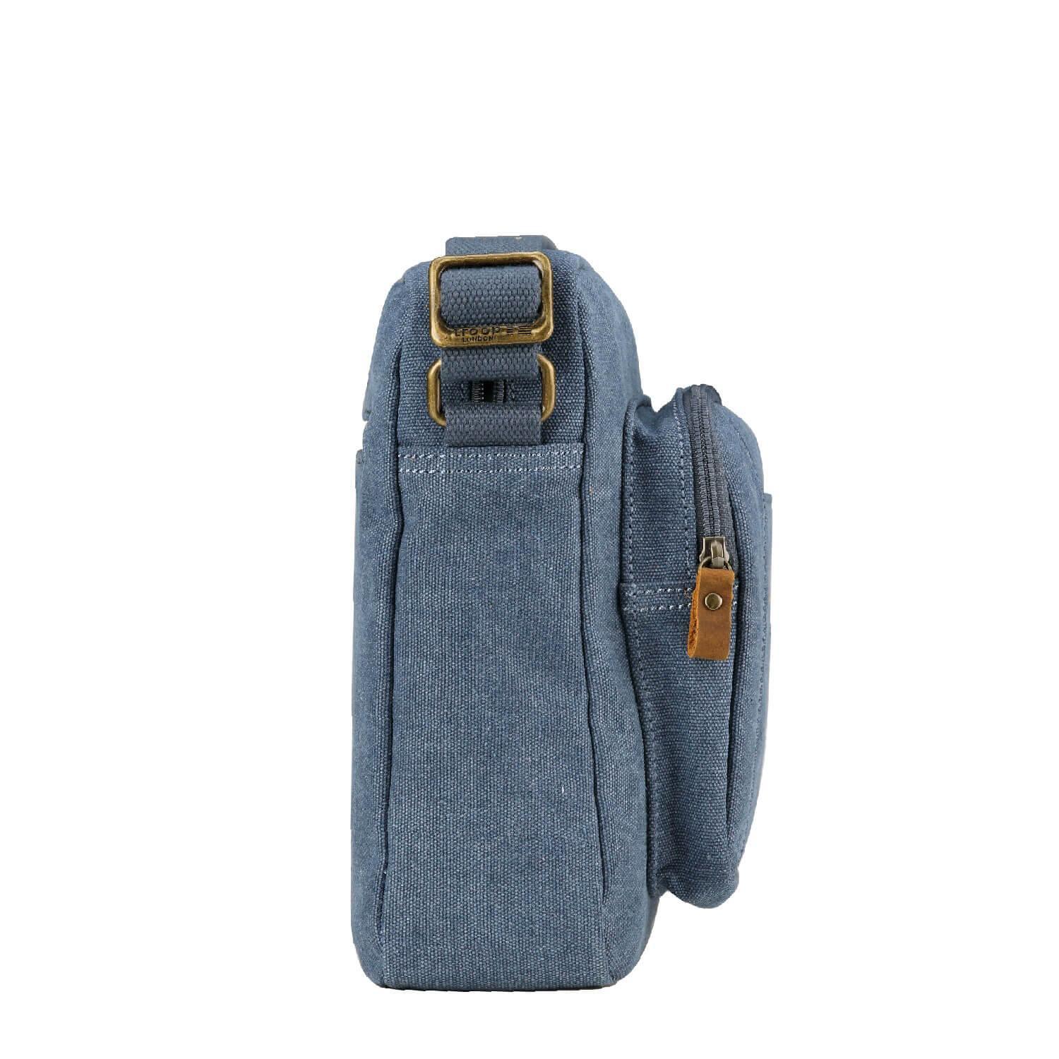 Large stonewashed canvas crossbody bag with adjustable shoulder strap and brass buckles — view 3