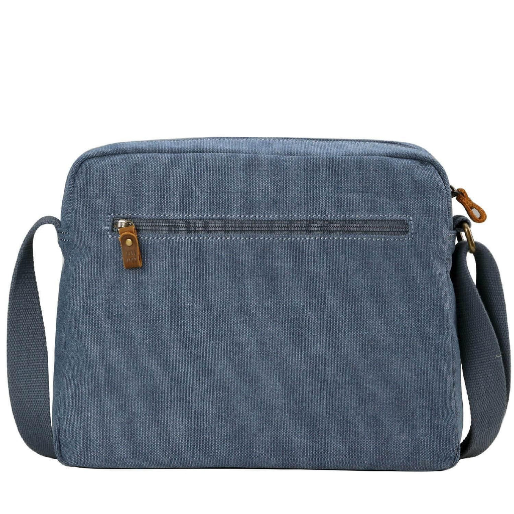 Large stonewashed canvas crossbody bag with adjustable shoulder strap and brass buckles — view 2