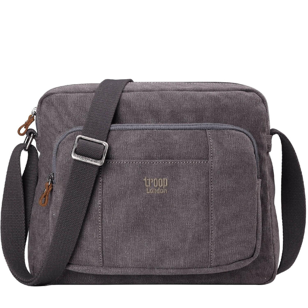 Large stonewashed canvas crossbody bag with adjustable shoulder strap and brass buckles — view 5