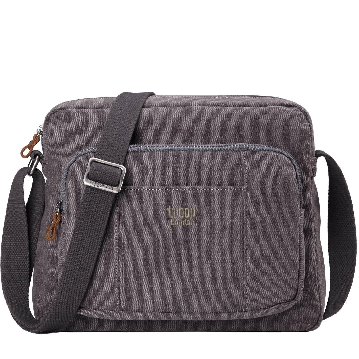Large stonewashed canvas crossbody bag with adjustable shoulder strap and brass buckles — view 5