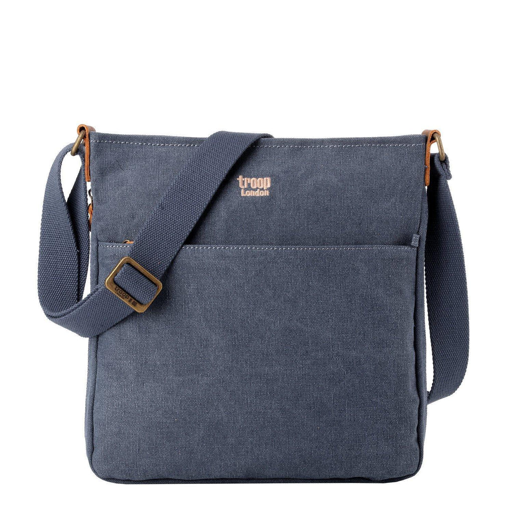 Large stonewashed canvas crossbody bag with genuine leather trim and adjustable shoulder strap