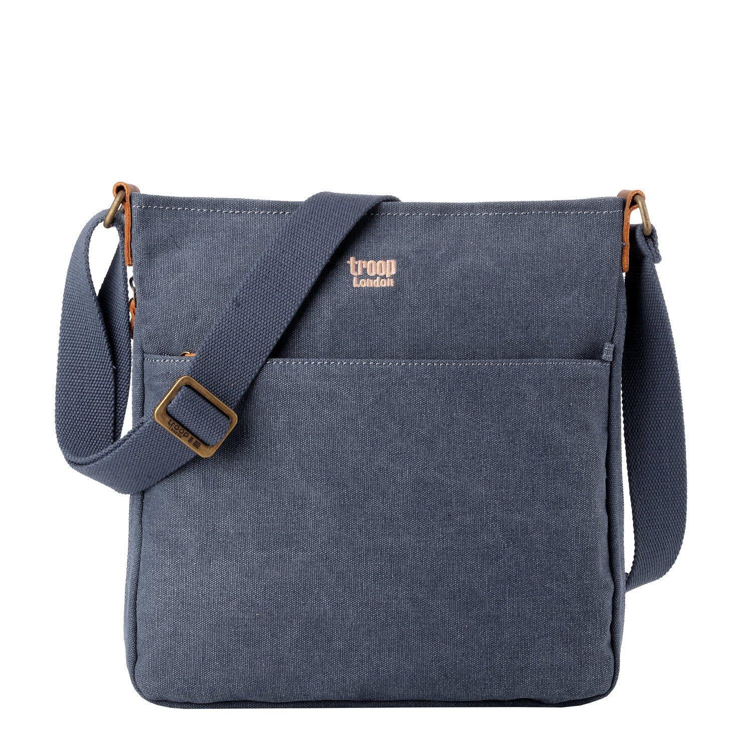 Large stonewashed canvas crossbody bag with genuine leather trim and adjustable shoulder strap
