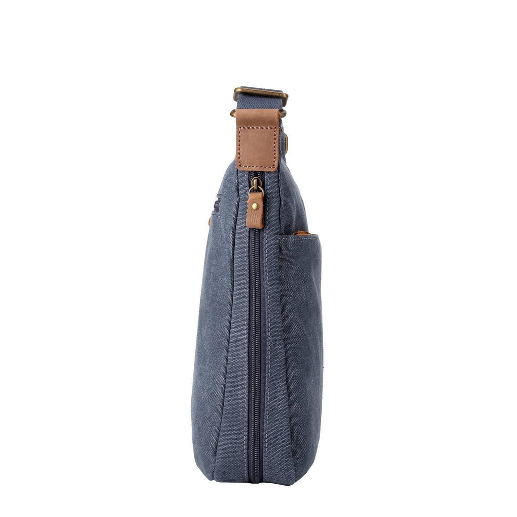 Large stonewashed canvas crossbody bag with genuine leather trim and adjustable shoulder strap — view 5