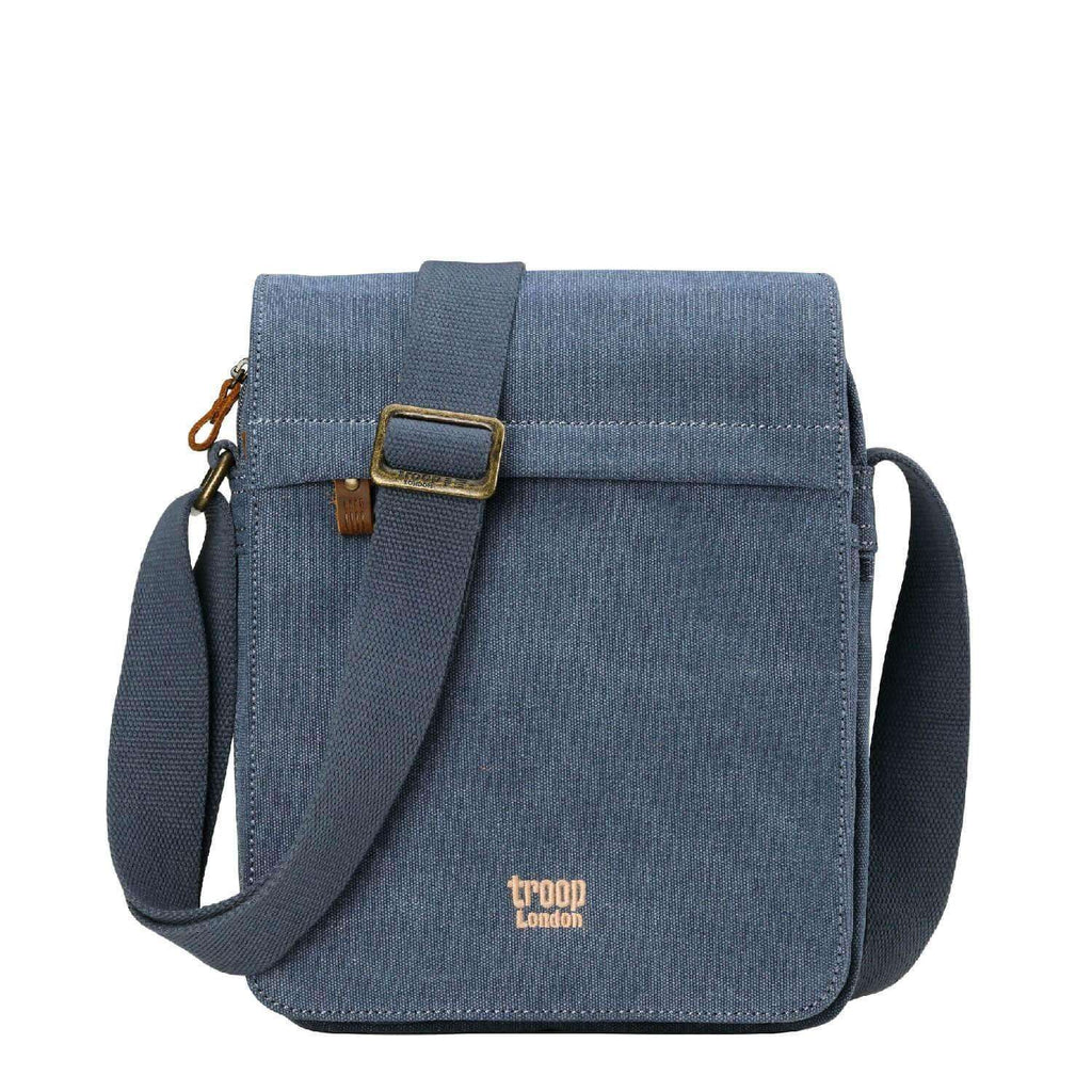 Compact stonewashed canvas crossbody bag with built-in organiser, genuine leather trim, and adjustable shoulder strap