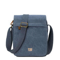 Compact stonewashed canvas crossbody bag with built-in organiser, genuine leather trim, and adjustable shoulder strap