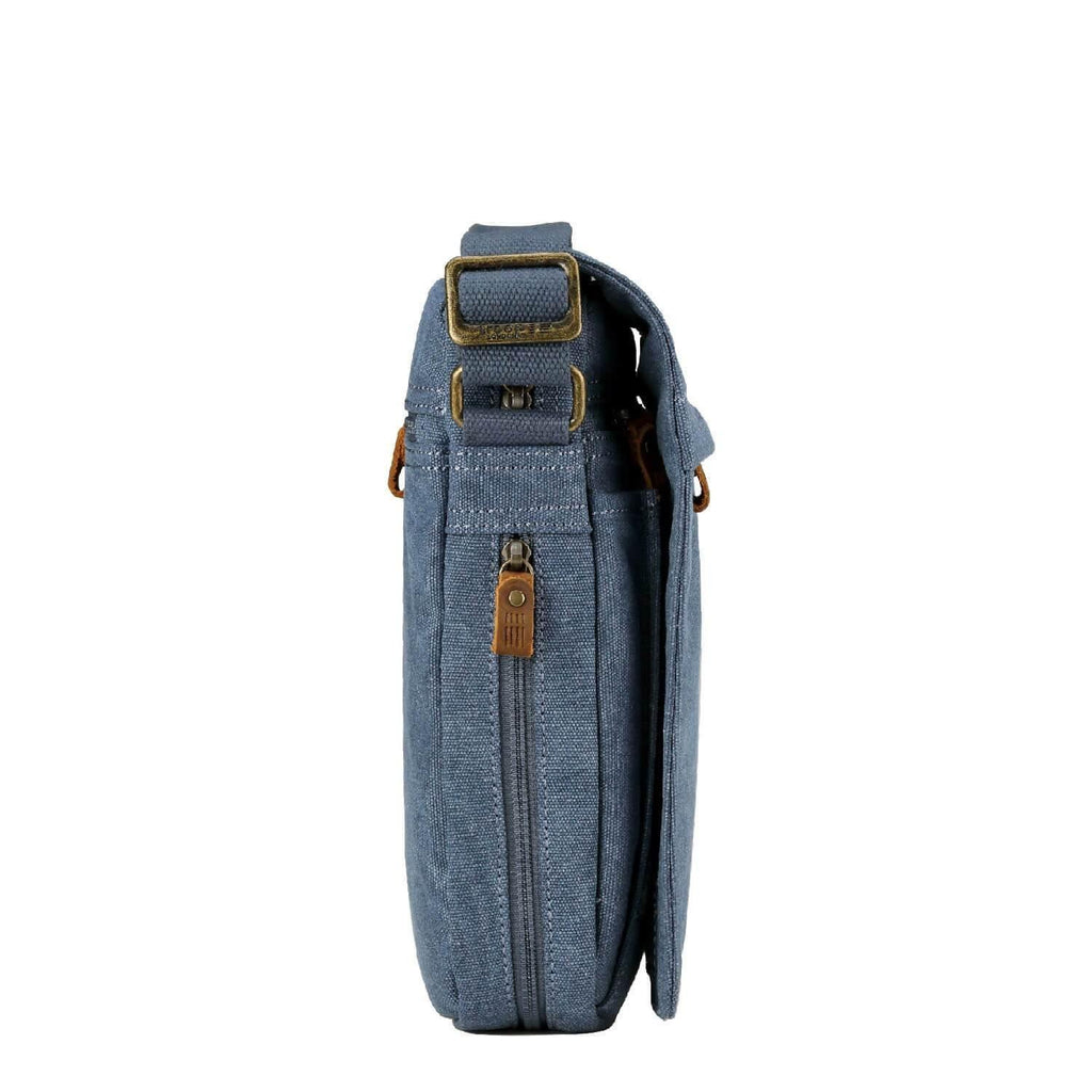 Compact stonewashed canvas crossbody bag with built-in organiser, genuine leather trim, and adjustable shoulder strap — view 3