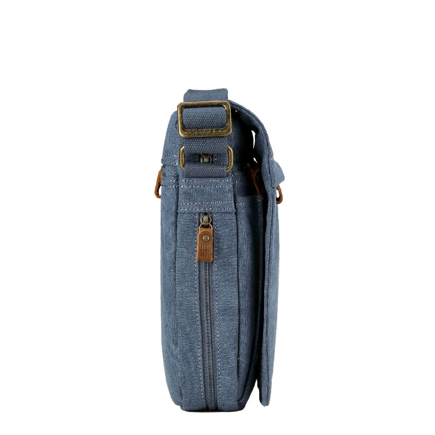 Compact stonewashed canvas crossbody bag with built-in organiser, genuine leather trim, and adjustable shoulder strap — view 3