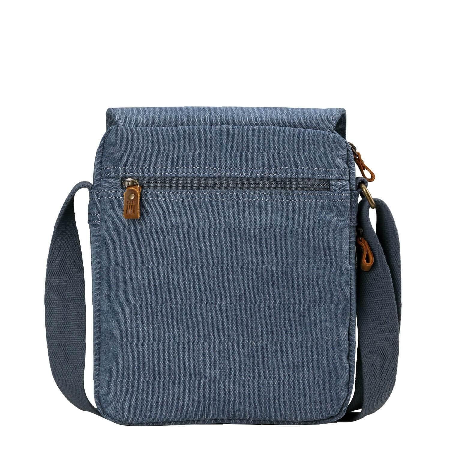 Compact stonewashed canvas crossbody bag with built-in organiser, genuine leather trim, and adjustable shoulder strap — view 4