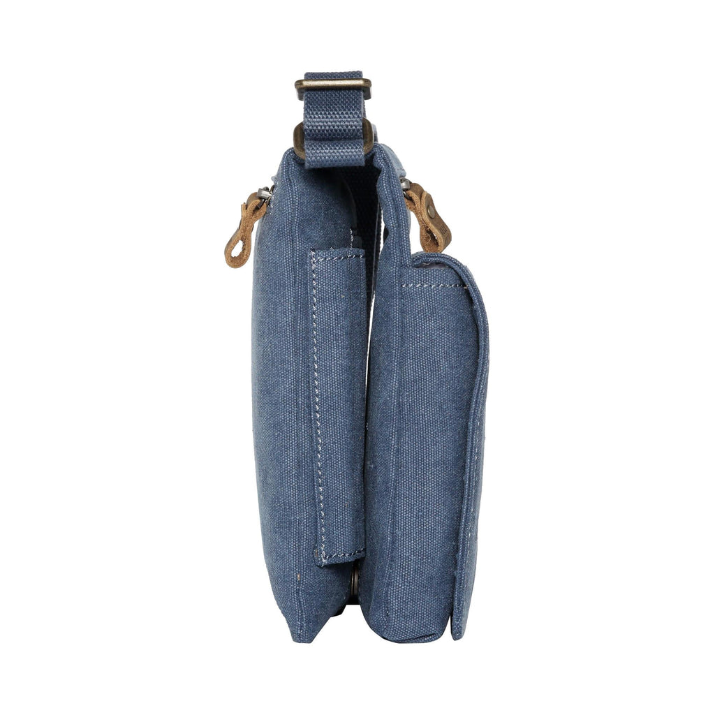 Mini canvas crossbody bag in stonewashed fabric with leather trims and adjustable shoulder strap — view 3