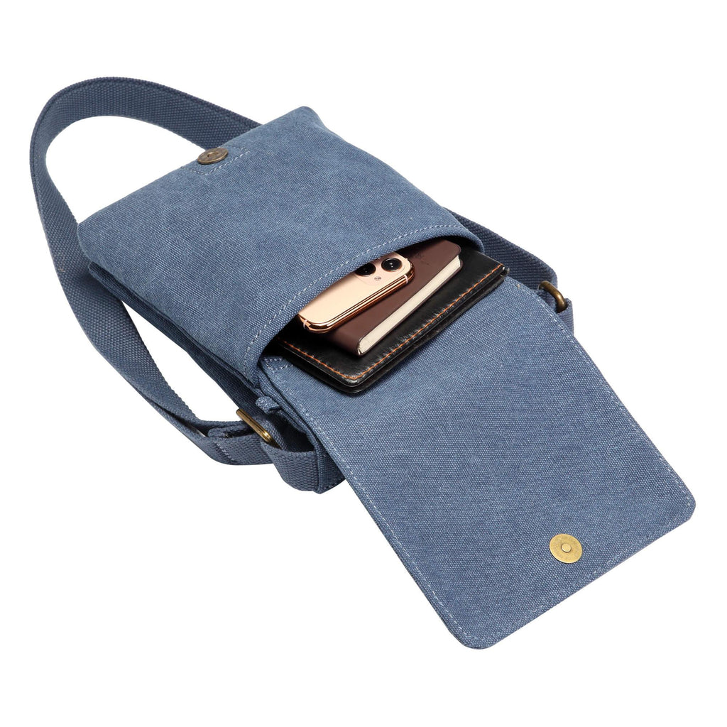Mini canvas crossbody bag in stonewashed fabric with leather trims and adjustable shoulder strap — view 5
