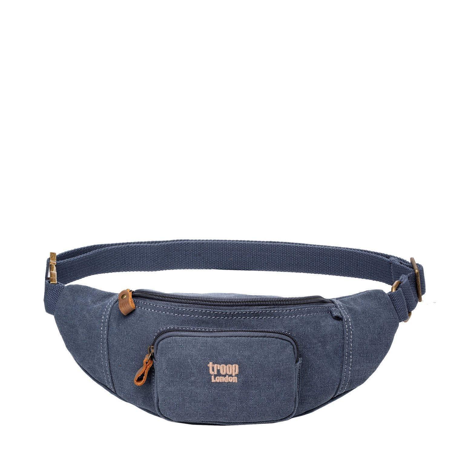 Stonewashed canvas waist bag with genuine leather trimmings, front zipper pockets, and adjustable waist strap — view 2