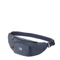 Stonewashed canvas waist bag with genuine leather trimmings, front zipper pockets, and adjustable waist strap