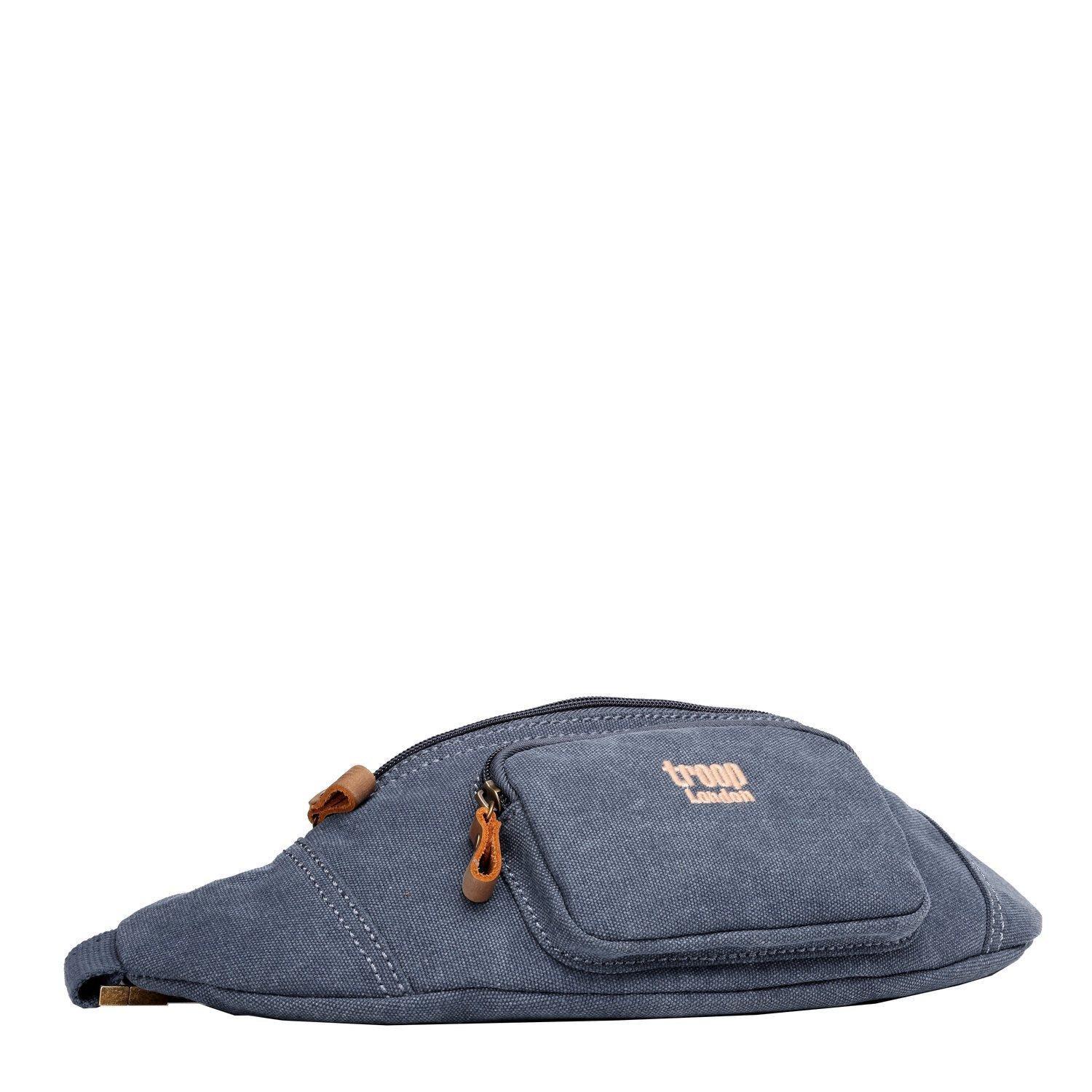 Stonewashed canvas waist bag with genuine leather trimmings, front zipper pockets, and adjustable waist strap — view 3