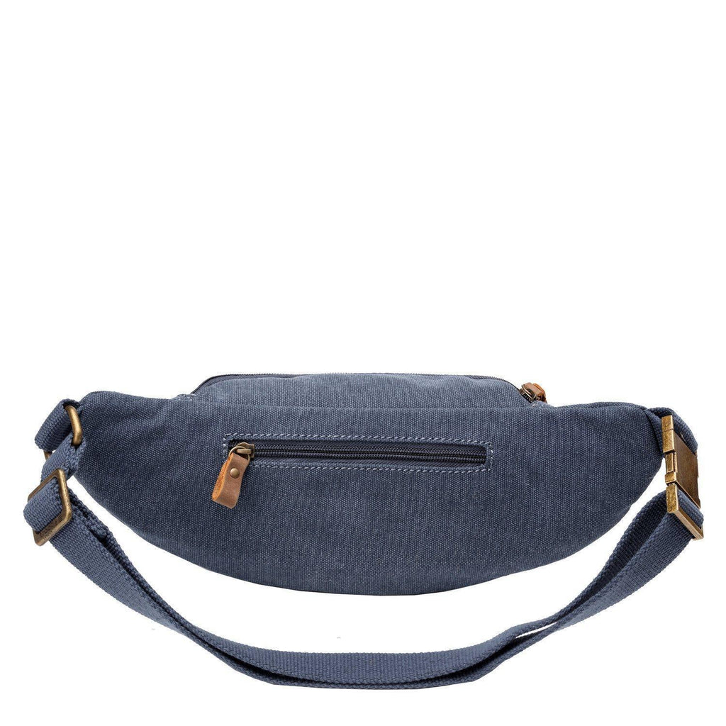 Stonewashed canvas waist bag with genuine leather trimmings, front zipper pockets, and adjustable waist strap — view 4