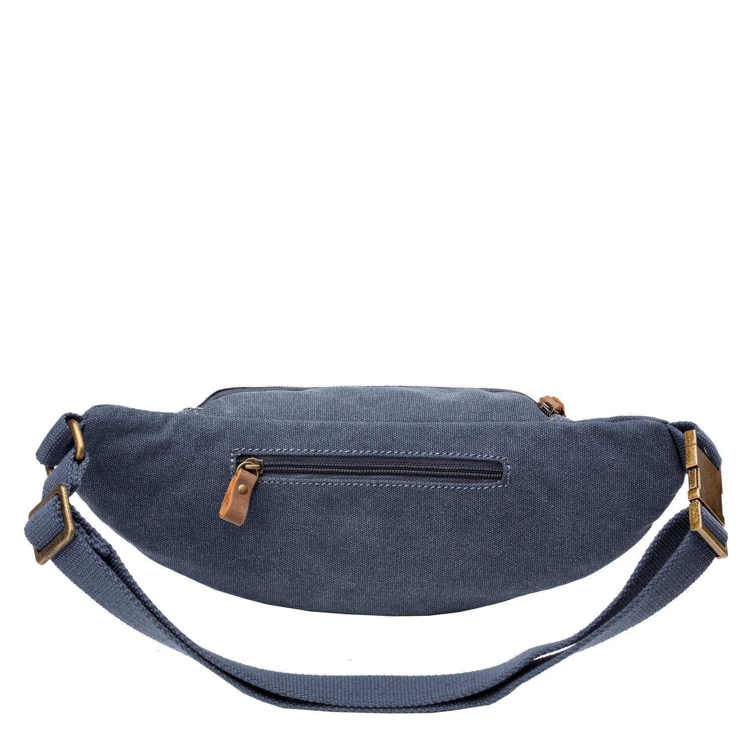 Stonewashed canvas waist bag with genuine leather trimmings, front zipper pockets, and adjustable waist strap — view 4