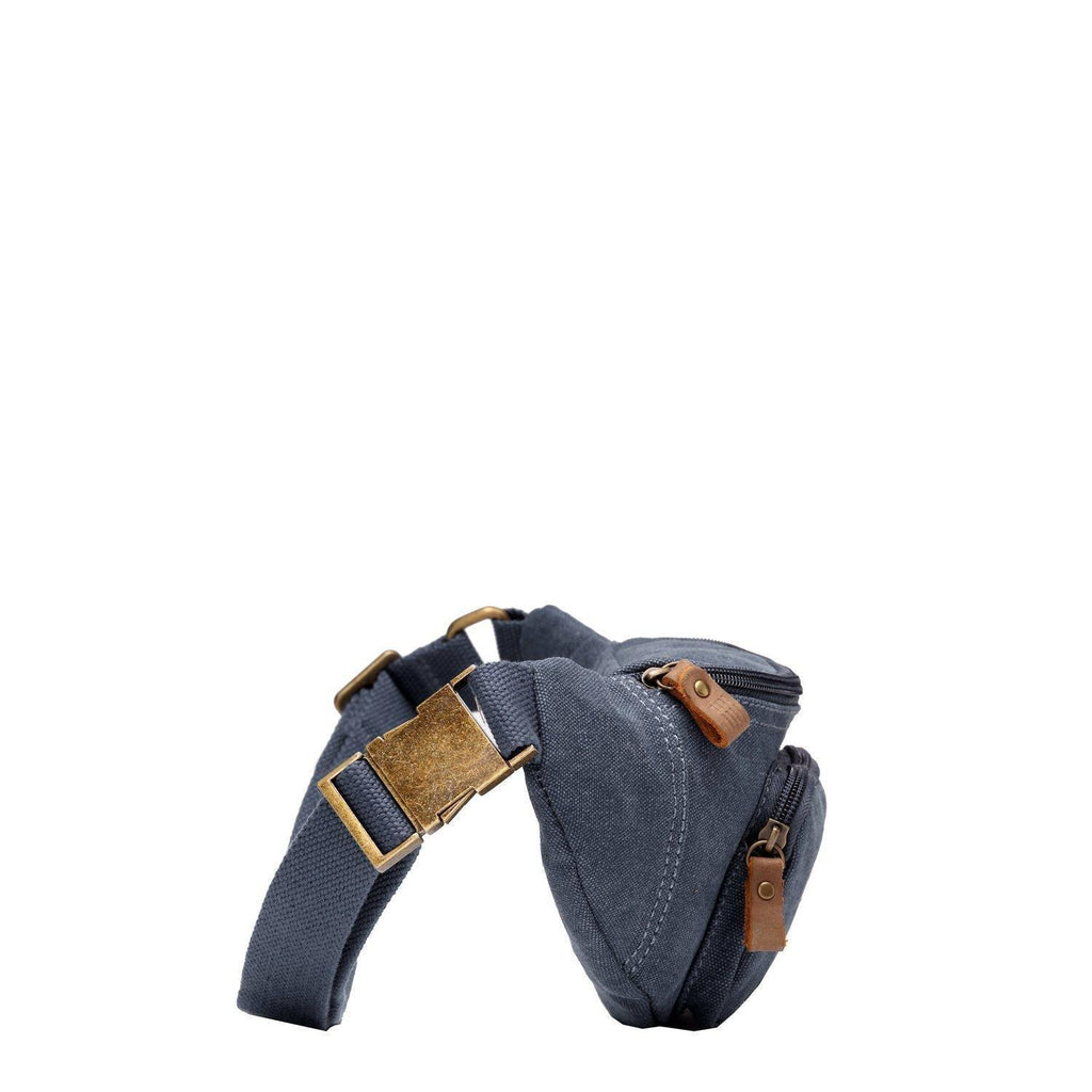 Stonewashed canvas waist bag with genuine leather trimmings, front zipper pockets, and adjustable waist strap — view 5