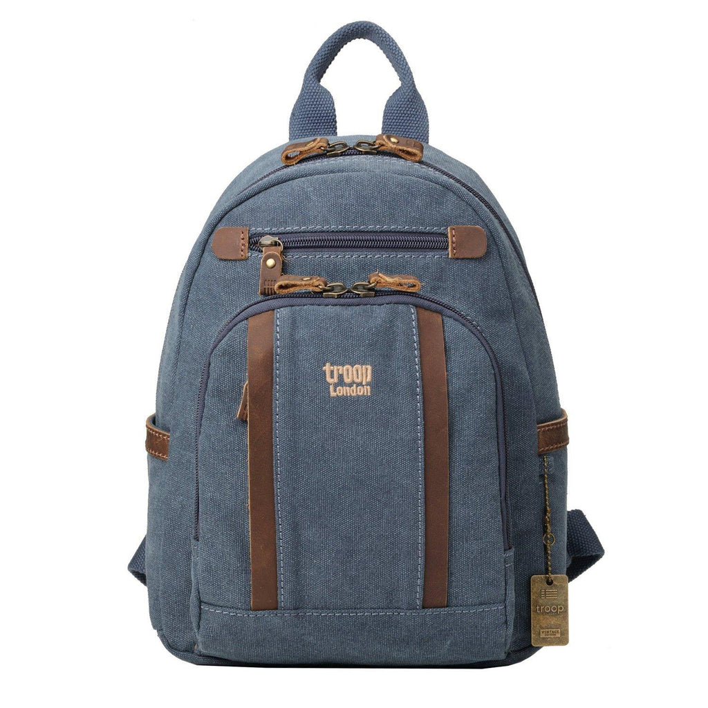 Small stonewashed canvas backpack with leather trimmings brass buckles and side pockets