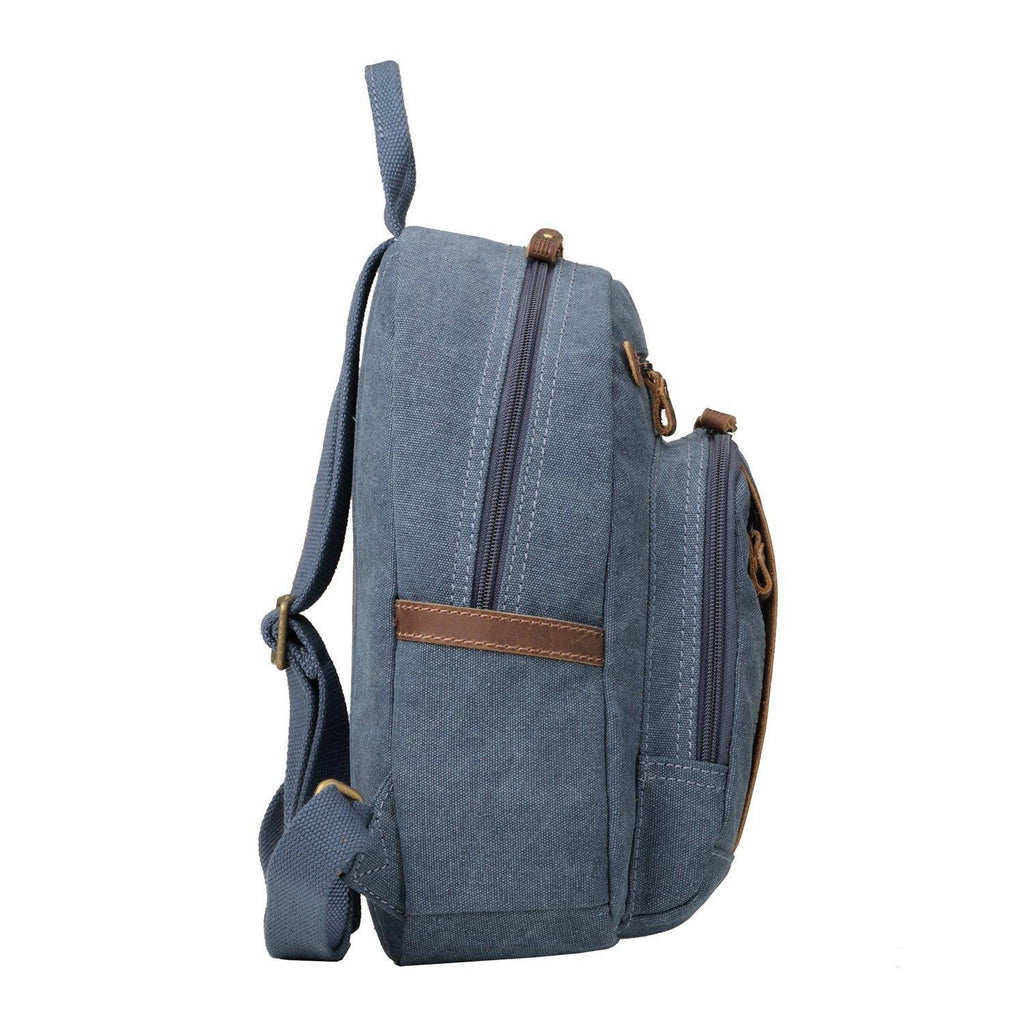 Small stonewashed canvas backpack with leather trimmings brass buckles and side pockets — view 4