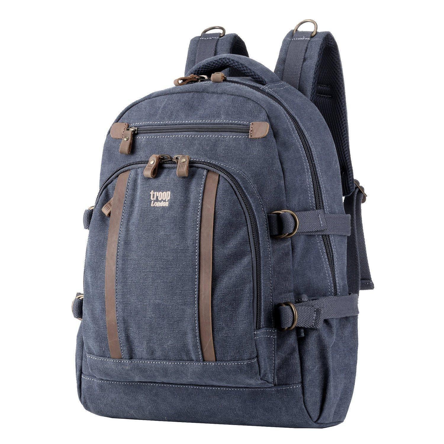 Large stonewashed canvas laptop backpack with leather trimmings, brass hardware, and padded shoulder straps. — view 2