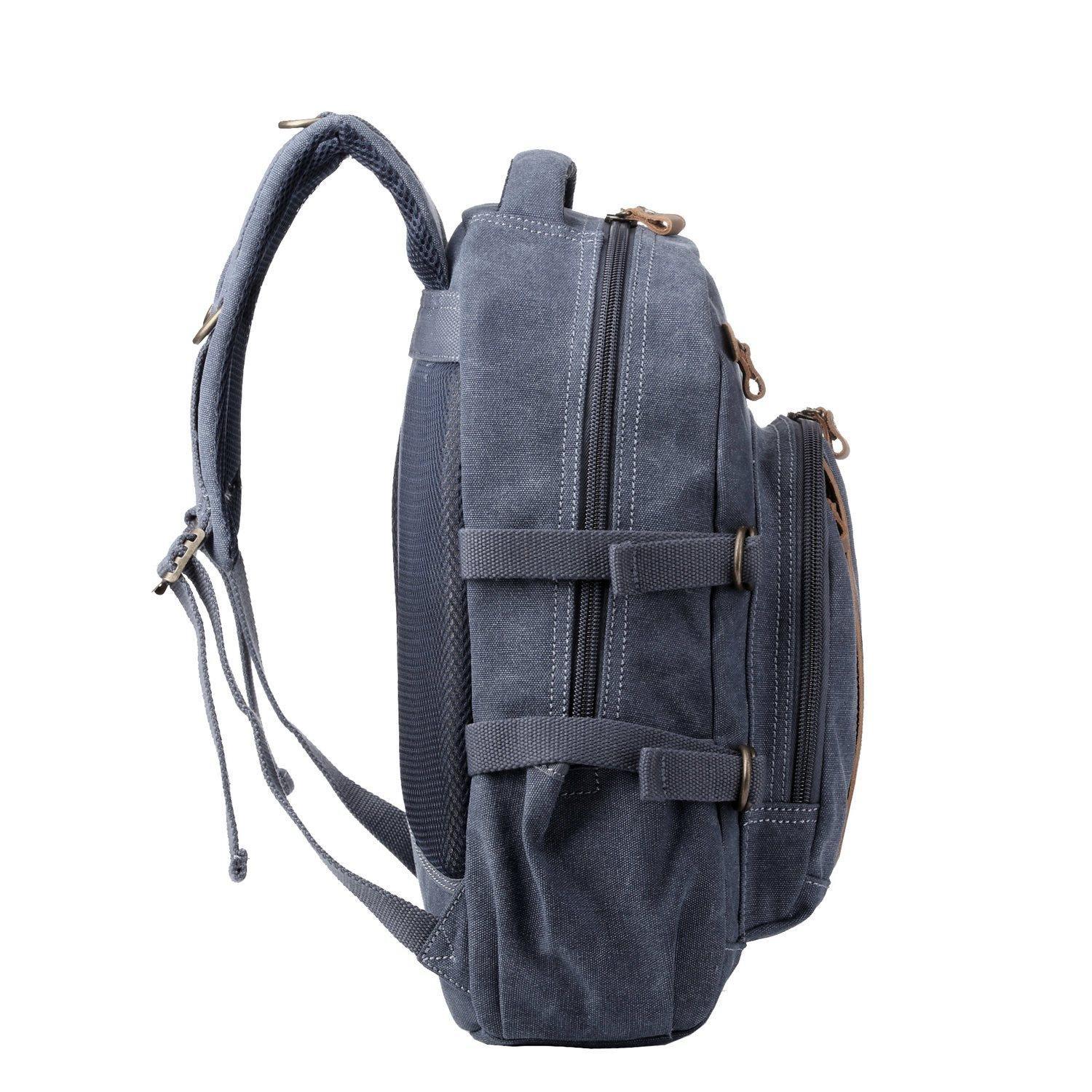 Large stonewashed canvas laptop backpack with leather trimmings, brass hardware, and padded shoulder straps. — view 4