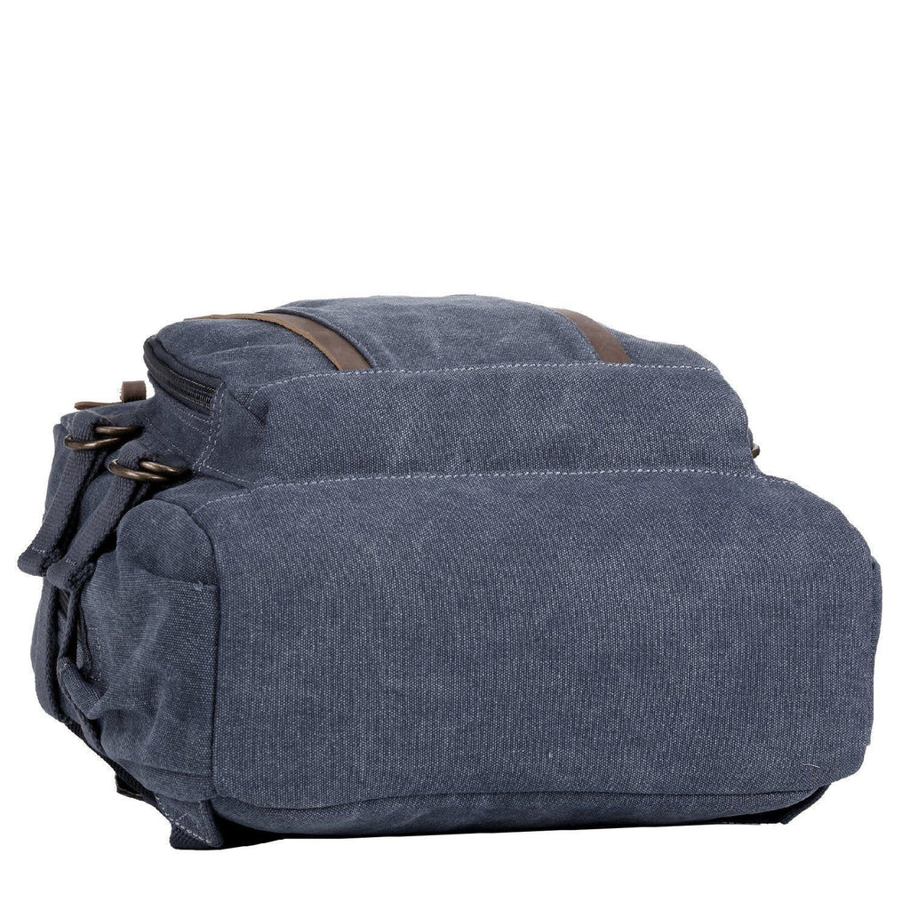 Large stonewashed canvas laptop backpack with leather trimmings, brass hardware, and padded shoulder straps. — view 5
