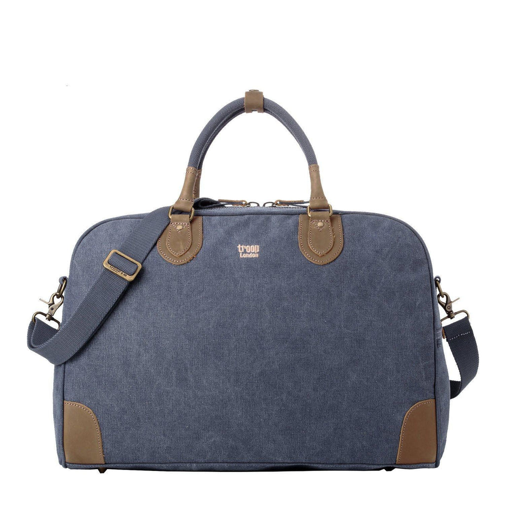Large 45L stonewashed canvas holdall duffel bag with genuine leather trim and brass hardware. — view 2