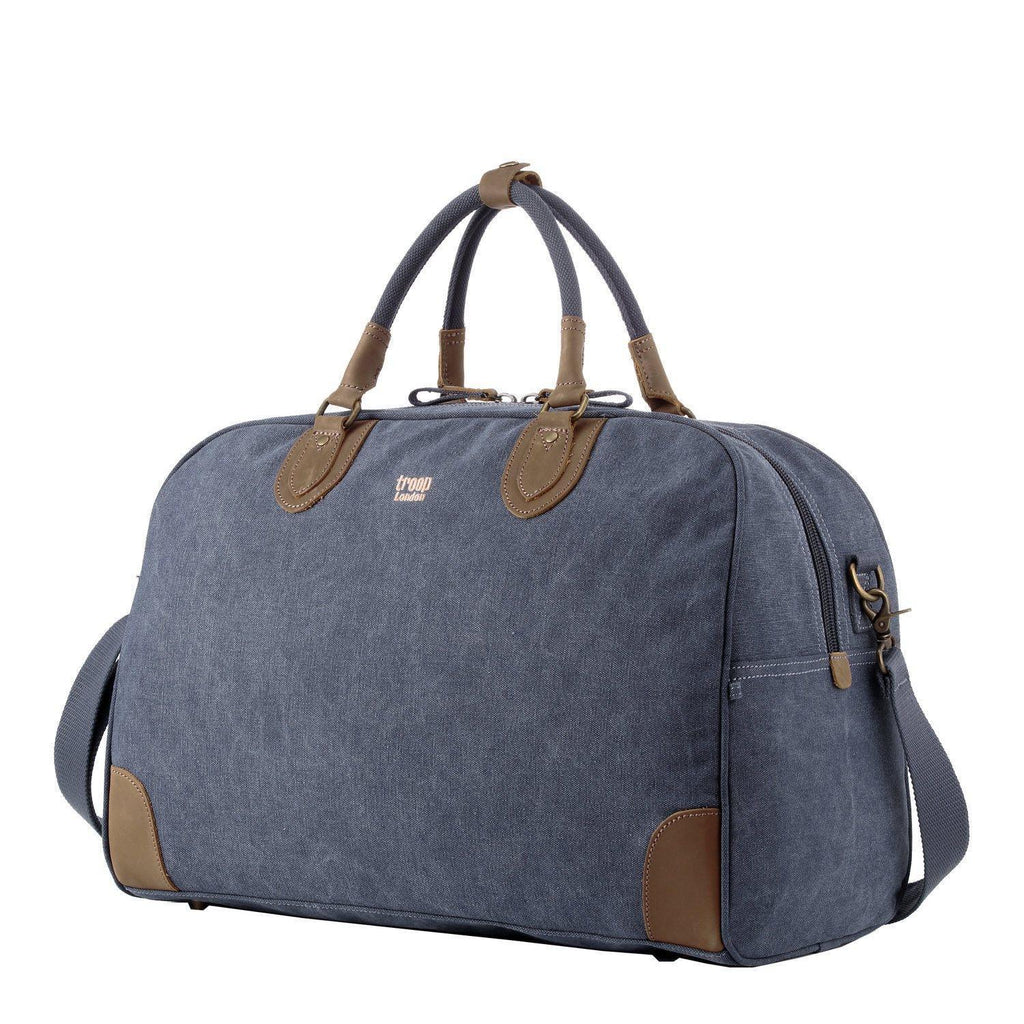 Large 45L stonewashed canvas holdall duffel bag with genuine leather trim and brass hardware. — view 3
