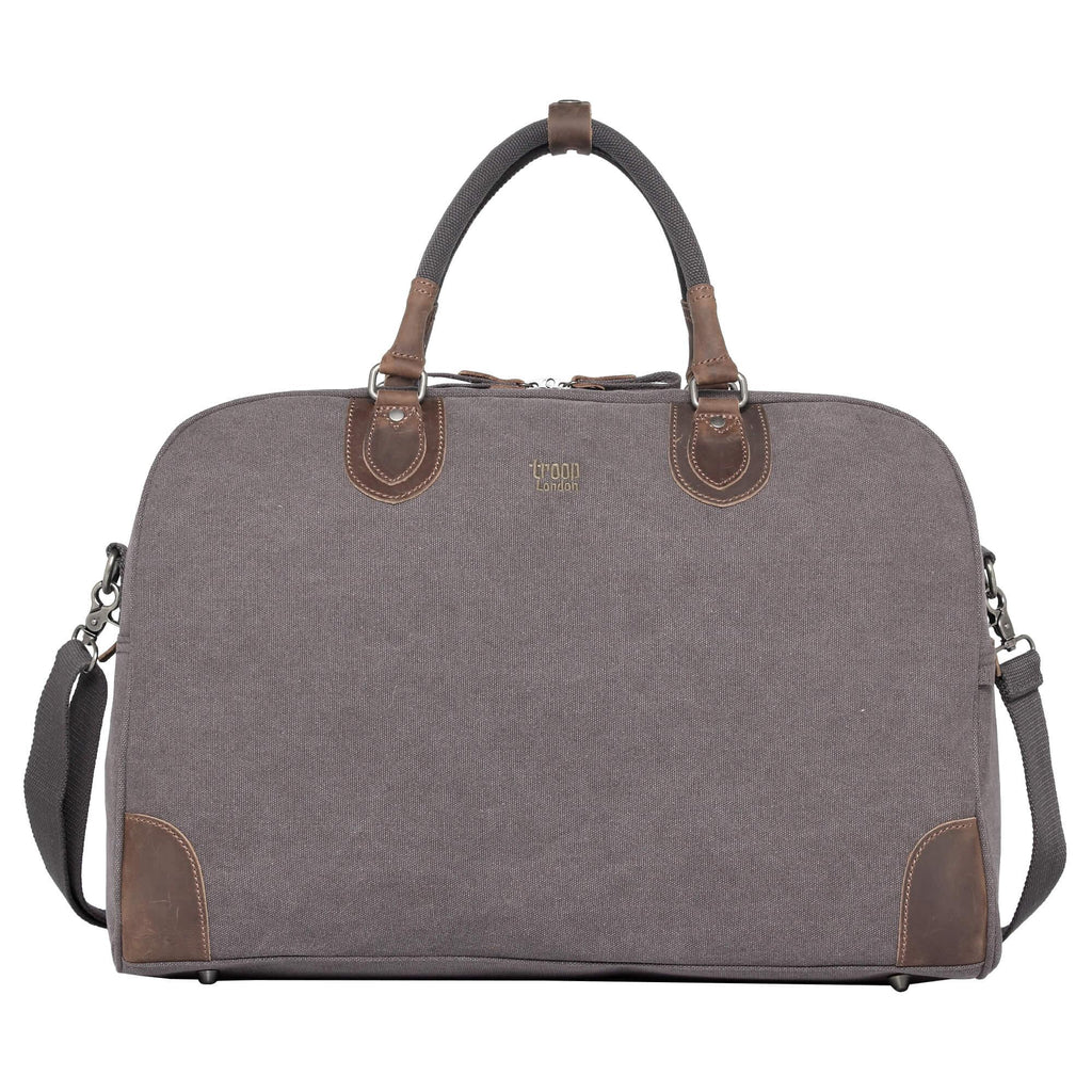 Large 45L stonewashed canvas holdall duffel bag with genuine leather trim and brass hardware.