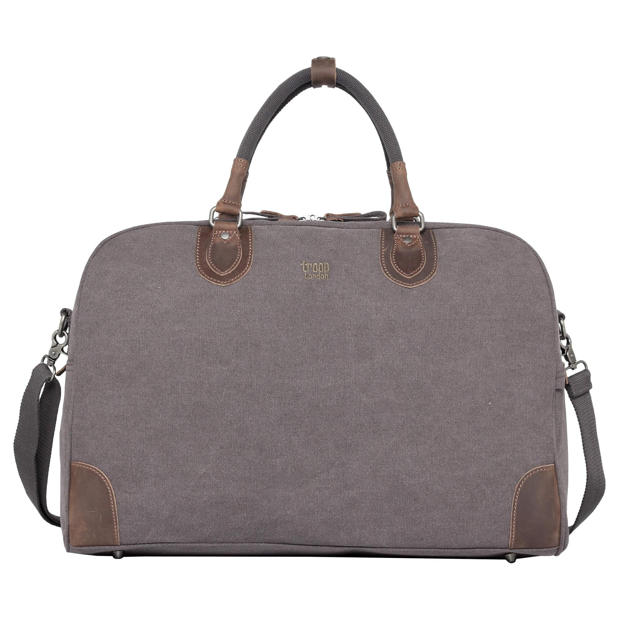 Large 45L stonewashed canvas holdall duffel bag with genuine leather trim and brass hardware.