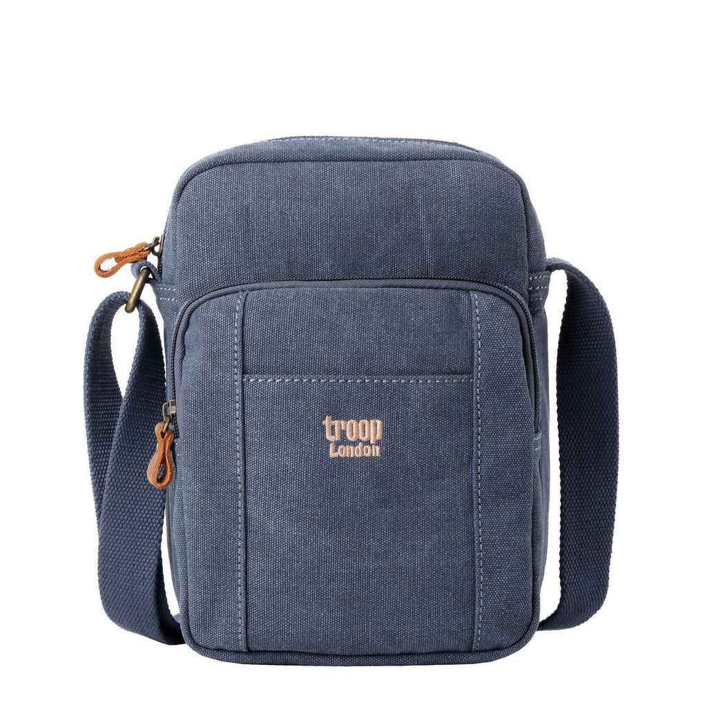 Vertical stonewashed canvas crossbody bag with genuine leather trim and an adjustable shoulder strap — view 3